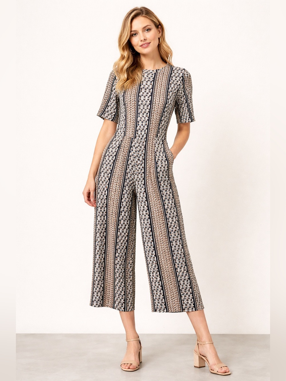 KBB by Kahlana Retro Inspired Wide Leg Geometric Stripe Polka Dot Jumpsuit - S